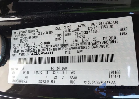 2020 Ford Escape Se z USA, uszkodzony, nr VIN 1FMCU0G6XLUA94411